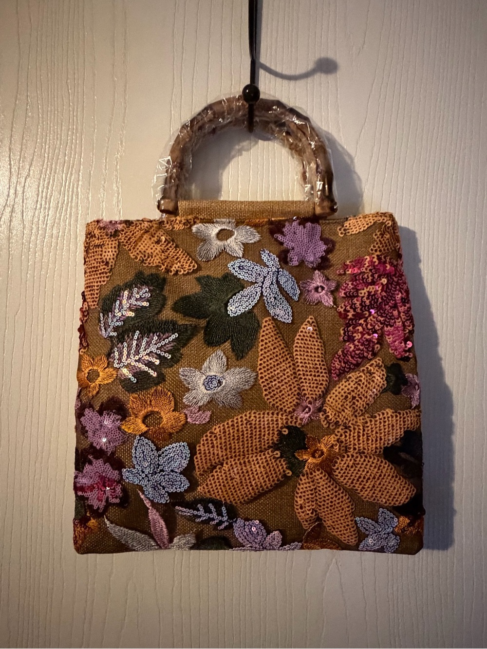 Sequin Embroidered Tote Bag, Floral Top Handbag Beaded Clutch Evening Purse